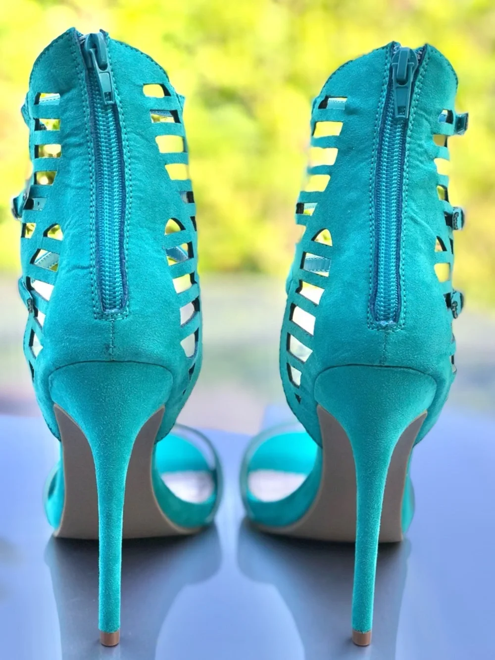 MADISON Teal Cage 3 Buckle Faux Suede Stiletto Open Toe Heels Size 9